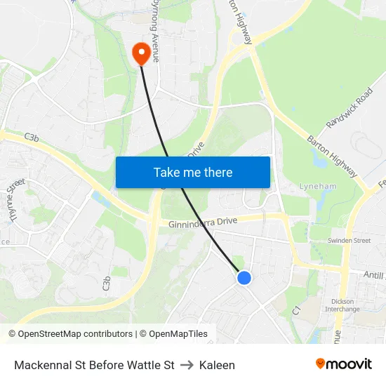 Mackennal St Before Wattle St to Kaleen map