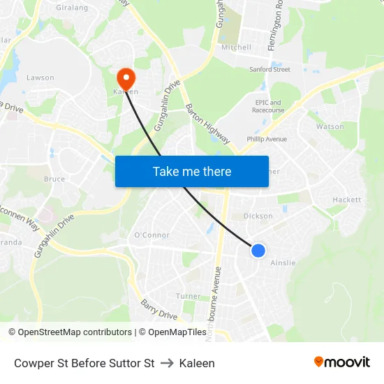 Cowper St Before Suttor St to Kaleen map