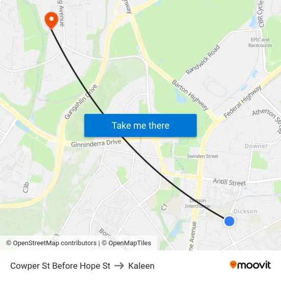 Cowper St Before Hope St to Kaleen map