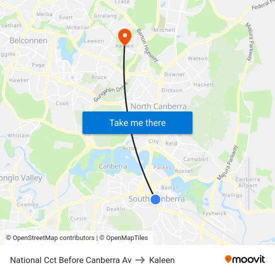 National Cct Before Canberra Av to Kaleen map