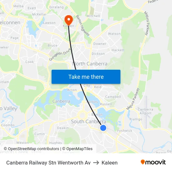 Canberra Railway Stn Wentworth Av to Kaleen map