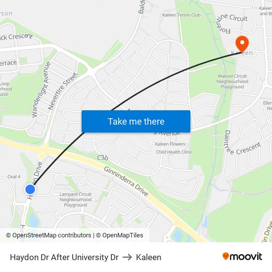 Haydon Dr After University Dr to Kaleen map