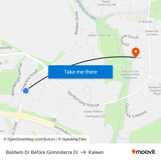 Baldwin Dr Before Ginninderra Dr to Kaleen map