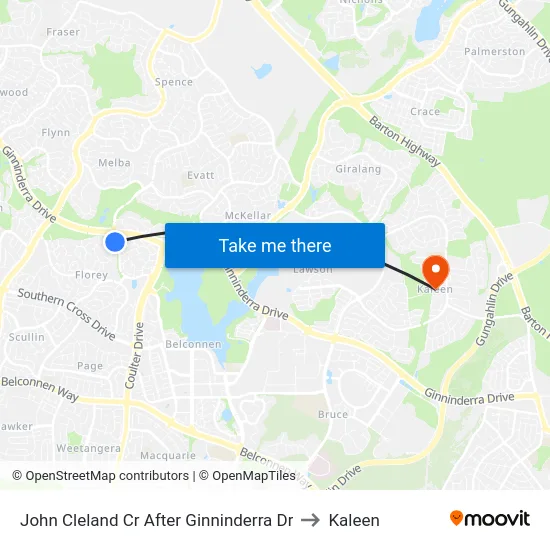 John Cleland Cr After Ginninderra Dr to Kaleen map