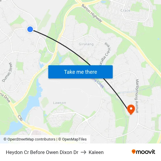 Heydon Cr Before Owen Dixon Dr to Kaleen map