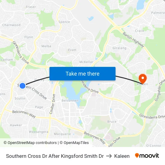 Southern Cross Dr After Kingsford Smith Dr to Kaleen map