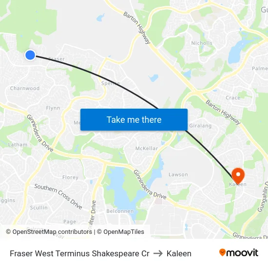 Fraser West Terminus Shakespeare Cr to Kaleen map