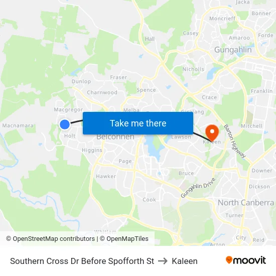 Southern Cross Dr Before Spofforth St to Kaleen map