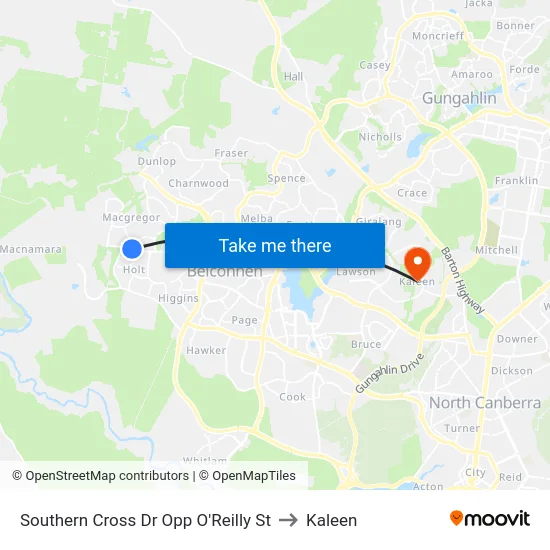 Southern Cross Dr Opp O'Reilly St to Kaleen map