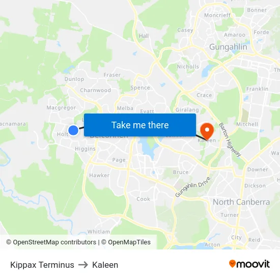 Kippax Terminus to Kaleen map