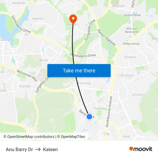 Anu Barry Dr to Kaleen map