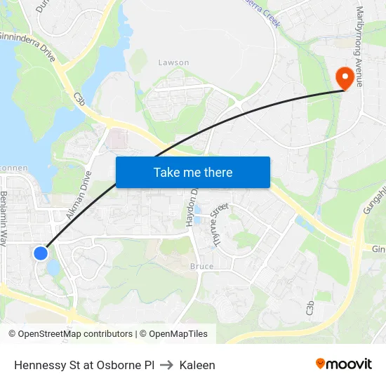Hennessy St at Osborne Pl to Kaleen map
