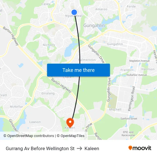 Gurrang Av Before Wellington St to Kaleen map
