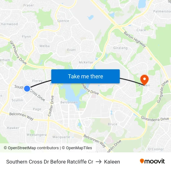 Southern Cross Dr Before Ratcliffe Cr to Kaleen map