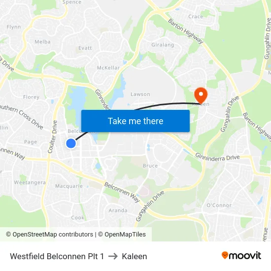 Westfield Belconnen Plt 1 to Kaleen map