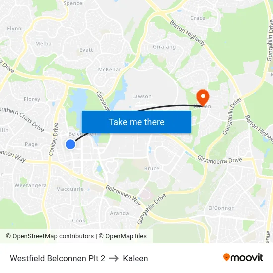 Westfield Belconnen Plt 2 to Kaleen map