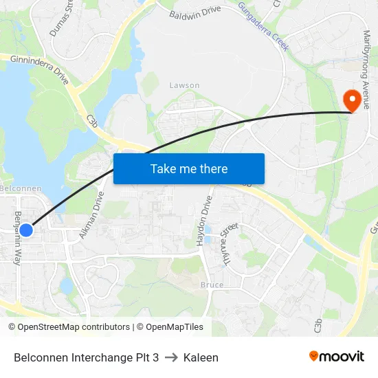 Belconnen Interchange Plt 3 to Kaleen map