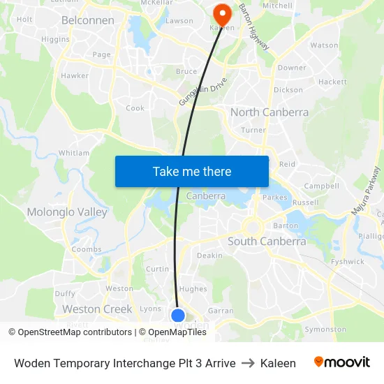 Woden Temporary Interchange Plt 3 Arrive to Kaleen map