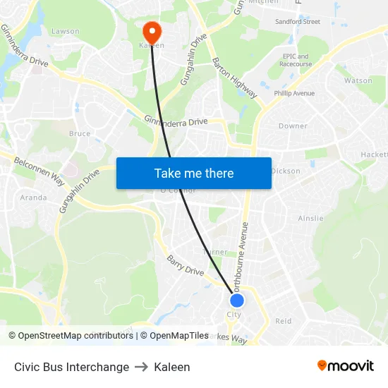 Civic Bus Interchange to Kaleen map