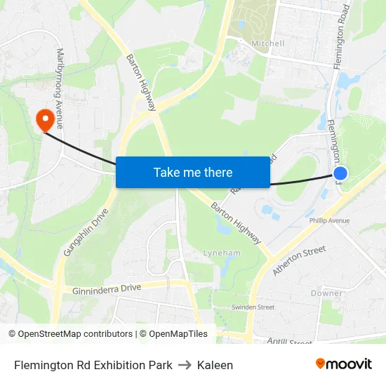 Flemington Rd Exhibition Park to Kaleen map