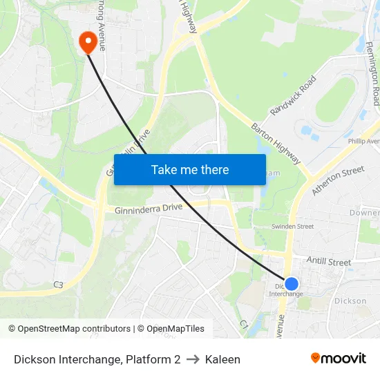 Dickson Interchange, Platform 2 to Kaleen map