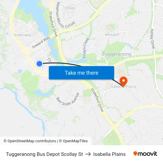 Tuggeranong Bus Depot Scollay St to Isabella Plains map