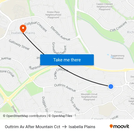 Outtrim Av After Mountain Cct to Isabella Plains map