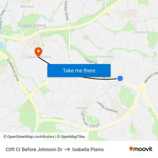 Clift Cr Before Johnson Dr to Isabella Plains map