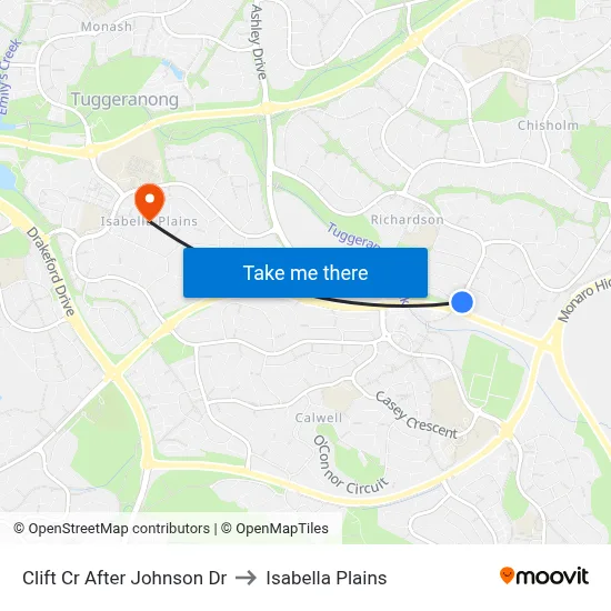 Clift Cr After Johnson Dr to Isabella Plains map