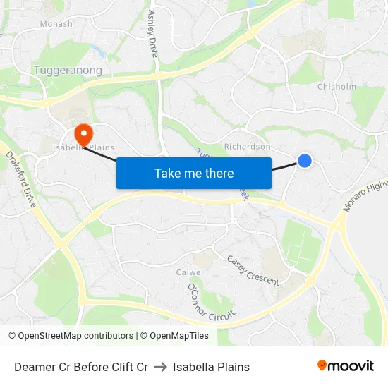 Deamer Cr Before Clift Cr to Isabella Plains map