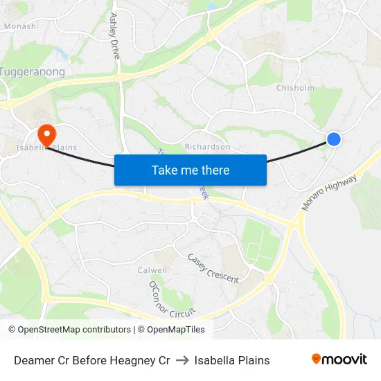 Deamer Cr Before Heagney Cr to Isabella Plains map