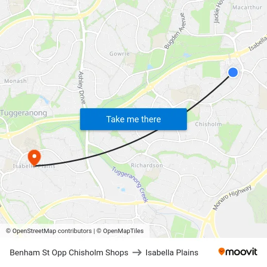 Benham St Opp Chisholm Shops to Isabella Plains map