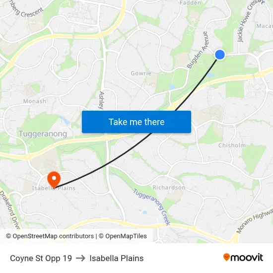 Coyne St Opp 19 to Isabella Plains map