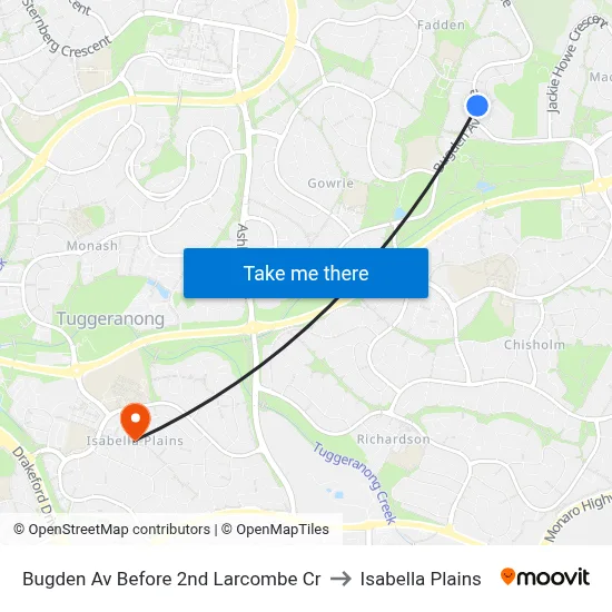 Bugden Av Before 2nd Larcombe Cr to Isabella Plains map