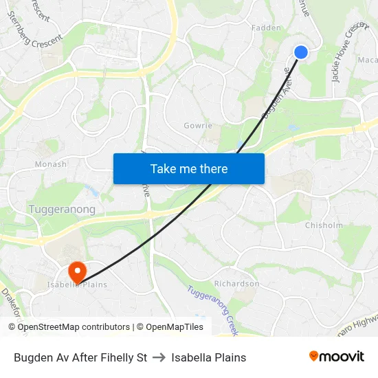 Bugden Av After Fihelly St to Isabella Plains map