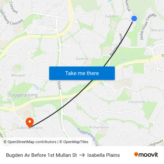 Bugden Av Before 1st Mullan St to Isabella Plains map