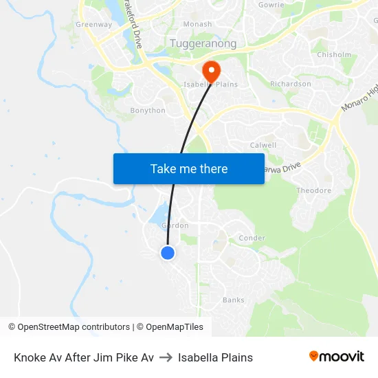 Knoke Av After Jim Pike Av to Isabella Plains map