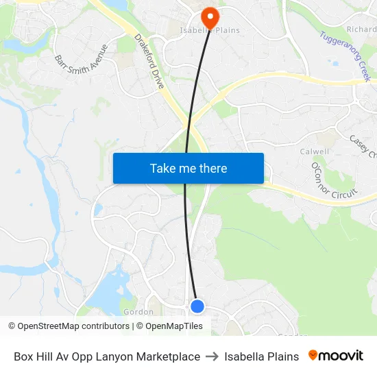 Box Hill Av Opp Lanyon Marketplace to Isabella Plains map