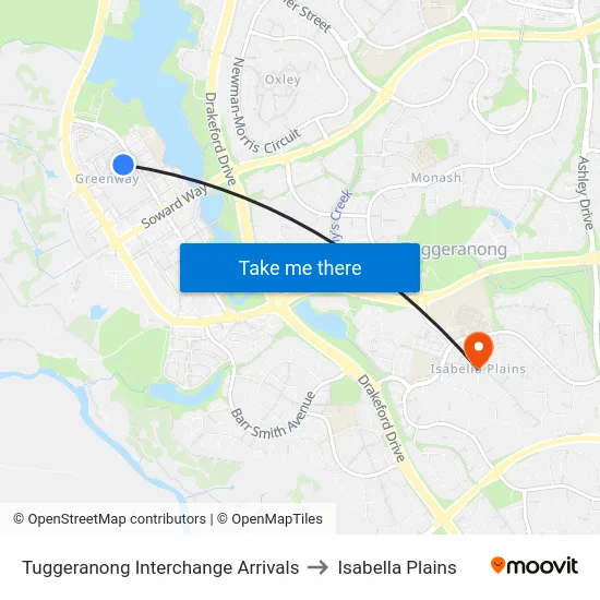 Tuggeranong Interchange Arrivals to Isabella Plains map