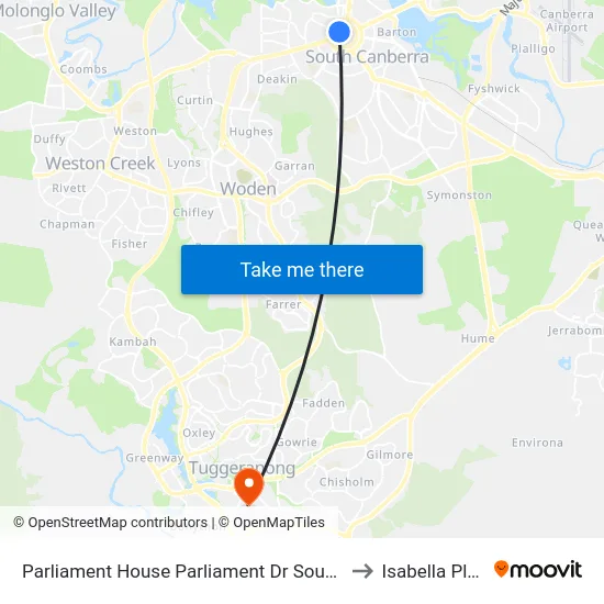 Parliament House Parliament Dr Southbound to Isabella Plains map