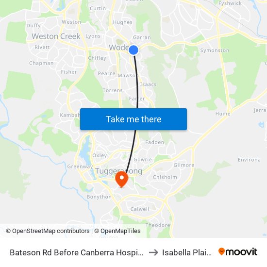 Bateson Rd Before Canberra Hospital to Isabella Plains map