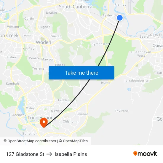 127 Gladstone St to Isabella Plains map