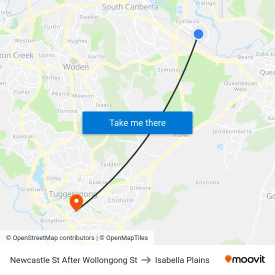 Newcastle St After Wollongong St to Isabella Plains map