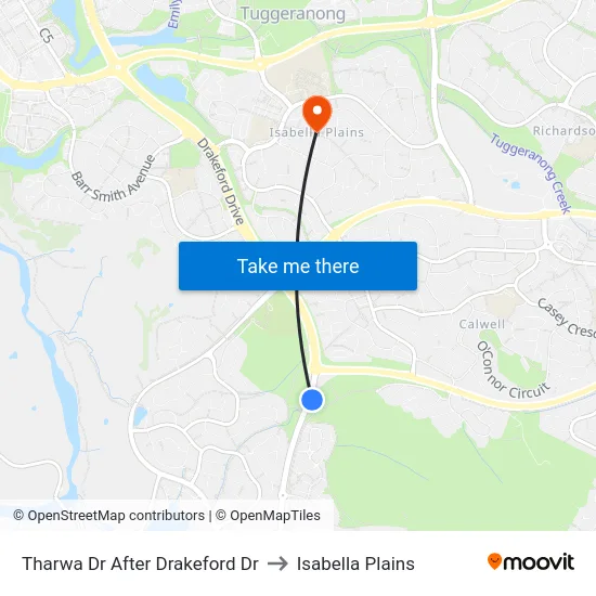 Tharwa Dr After Drakeford Dr to Isabella Plains map