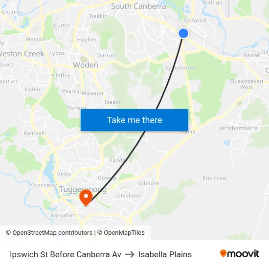 Ipswich St Before Canberra Av to Isabella Plains map
