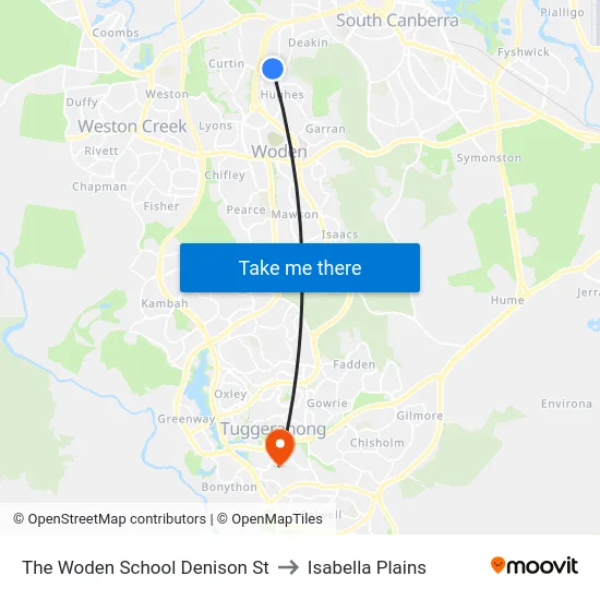 The Woden School Denison St to Isabella Plains map