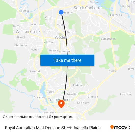 Royal Australian Mint Denison St to Isabella Plains map