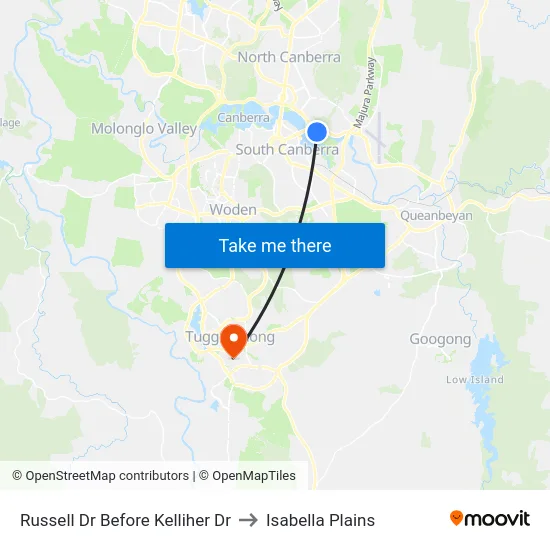 Russell Dr Before Kelliher Dr to Isabella Plains map