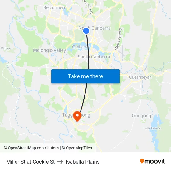Miller St at Cockle St to Isabella Plains map