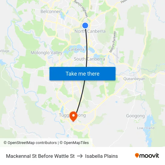 Mackennal St Before Wattle St to Isabella Plains map